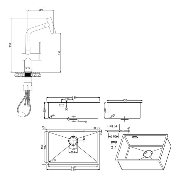 CERAMIA - Timeless 68x45x21 cm évier sous plan en inox 304 +  mitigeur inox avec douchette extractible, or brossé (TMLKSU-6845BG-M1) - large