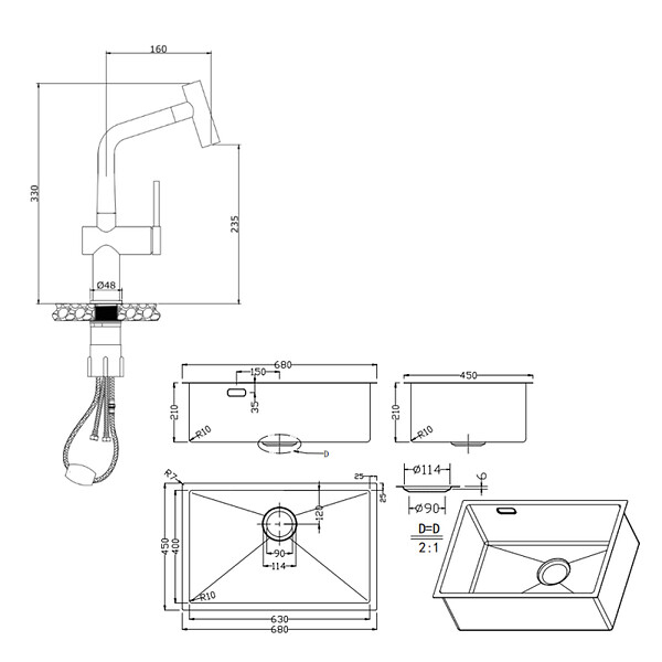 CERAMIA - Timeless 68x45x21 cm évier sous plan inox 304 + mitigeur inox avec douchette extractible, gun metal brossé (TMLKSU-6845BGM-M1) - large