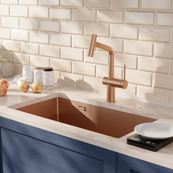 CERAMIA - Timeless 68x45x21 cm évier sous plan en inox 304 + mitigeur inox avec douchette extractible, cuivre brossé (TMLKSU-6845BCP-M1) - large