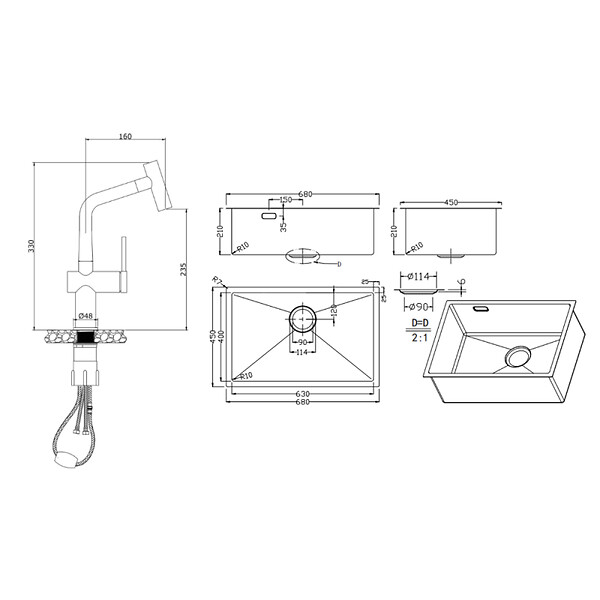 CERAMIA - Timeless 68x45x21 cm évier sous plan en inox 304 + mitigeur inox avec douchette extractible, cuivre brossé (TMLKSU-6845BCP-M1) - large