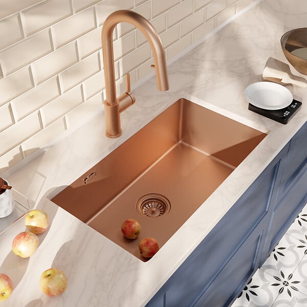 CERAMIA - Timeless 68x45x21 cm évier sous plan en inox 304 + mitigeur inox avec douchette extractible, cuivre brossé (TMLKSU-6845BCP-M2) - large