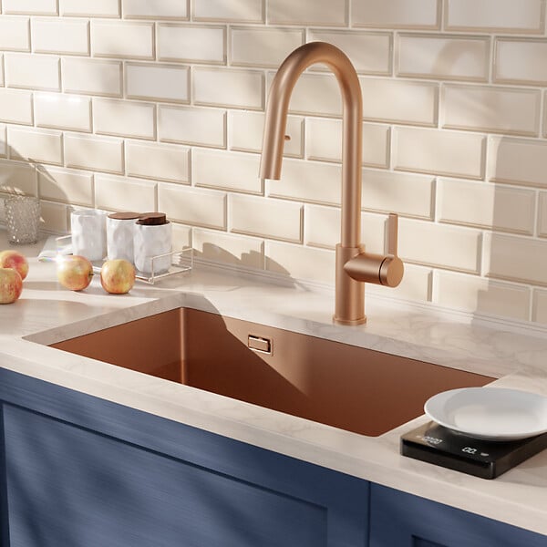 CERAMIA - Timeless 68x45x21 cm évier sous plan en inox 304 + mitigeur inox avec douchette extractible, cuivre brossé (TMLKSU-6845BCP-M2) - large