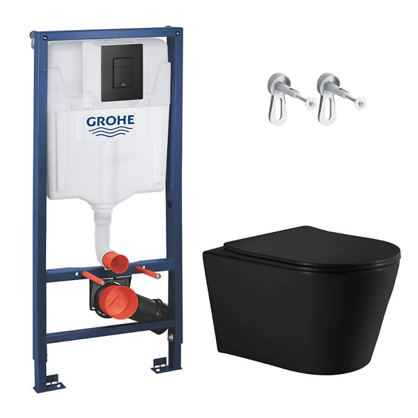 GROHE - Rapid SL pack WC bâti-support + WC sans bride Ceramia avec abattant SoftClose + plaque noir mat (GRRCE14BMT01MAN-FR) - large