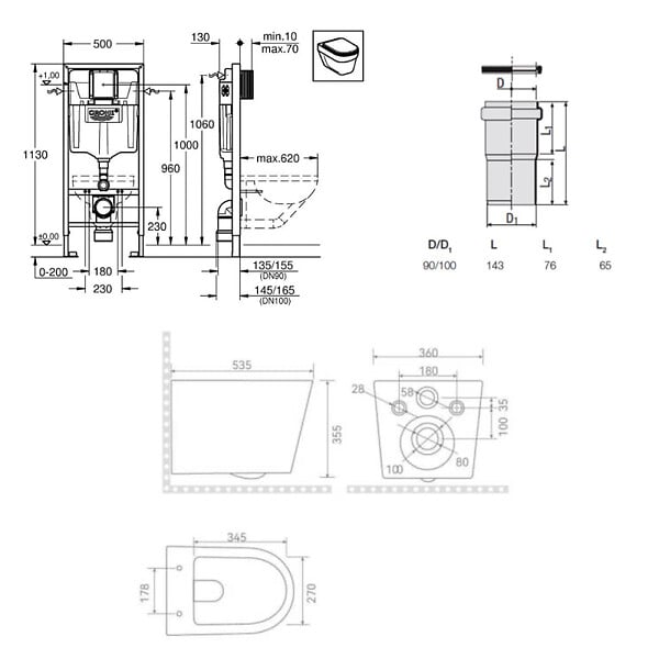 GROHE - Rapid SL pack WC bâti-support + WC sans bride Ceramia avec abattant SoftClose + plaque noir mat (GRRCE14BMT01MAN-FR) - large