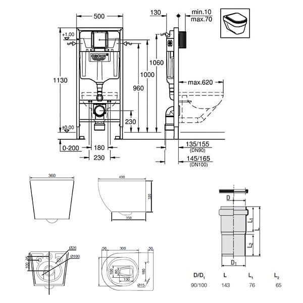GROHE - Rapid SL pack WC bâti-support + WC suspendu Ceramia PixL + abattant SoftClose + set d'isolation + plaque noir (GRCEPXWT02-FR) - large