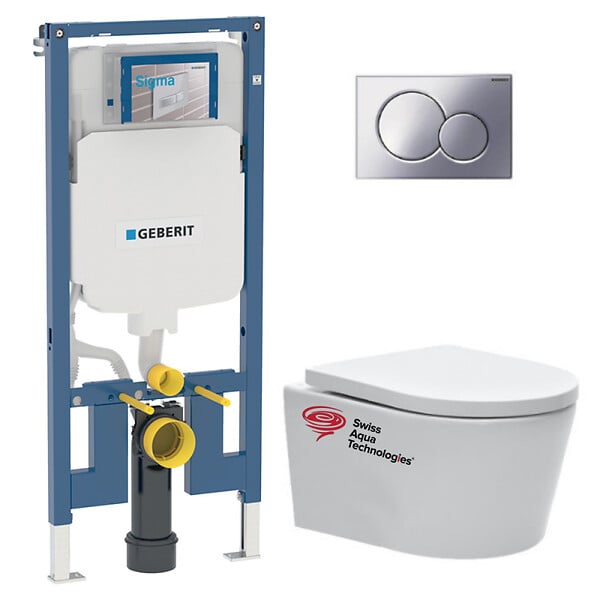 GEBERIT - Geberit + Swiss Aqua Technologies Pack WC sans bride SAT, fixations invisibles + Abattant softclose + Bâti support Geberit Extra-plat UP720 + Plaque Chrome - large