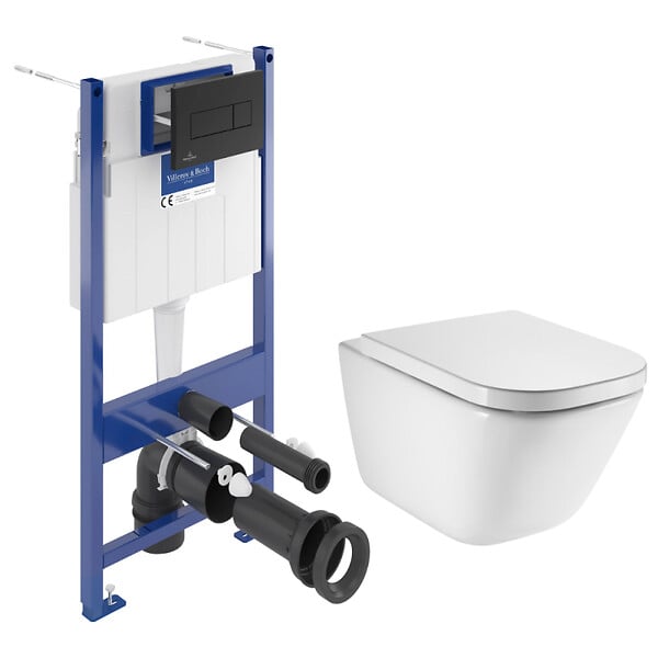 VILLEROY & BOCH - Pack WC bâti-support sol-mur + WC suspendu sans bride Roca avec abattant SoftClose + plaque (VBROGAWR03-FR) - large