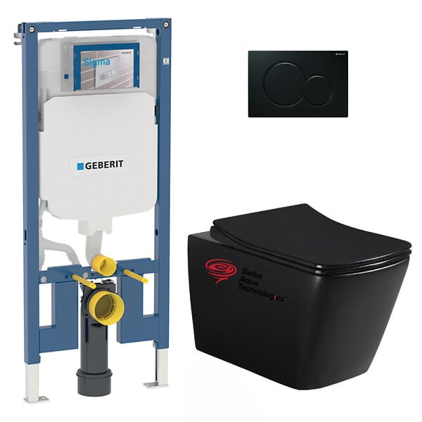 GEBERIT - Geberit + Swiss Aqua Technologies Pack WC sans bride Infinitio Noir mat + Abattant softclose slim + Bâti support Geberit Extra-plat UP720 + Plaque Noir brillante - large