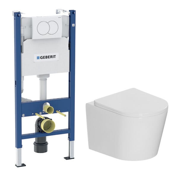 GEBERIT - Duofix Pack WC bâti-support + WC suspendu sans bride avec abattant SoftClose Ceramia + plaque blanche (GEBCE14WT01MAN-FR) - large
