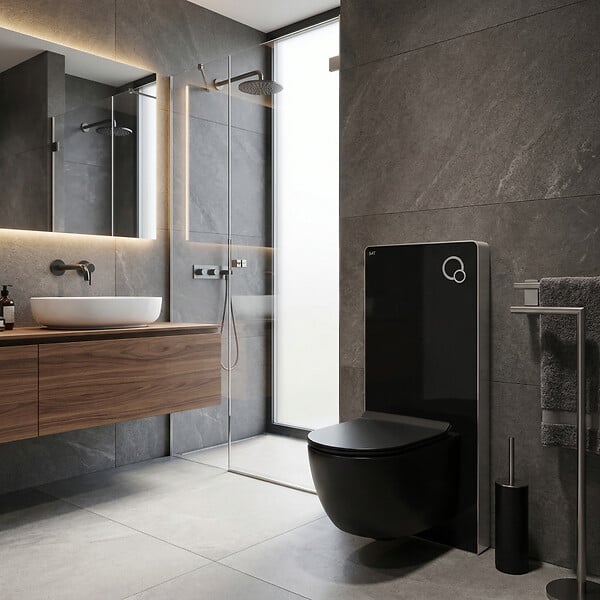 SWISS AQUA TECHNOLOGIES - Glass pack WC bâti-support avec plaque de commande + WC suspendu Ceramia sans bride avec abattant SoftClose (STGLBCEPXBMT01-FR) - large