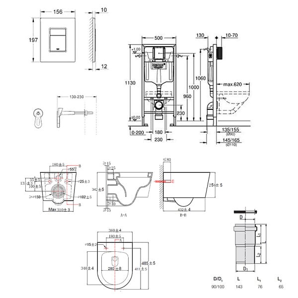 GROHE - Rapid SL Pack WC bâti + WC suspendu sans bride avec abattant SoftClose Swiss Aqua Technologies + plaque (GRRSTBRWR01MAN-FR) - large