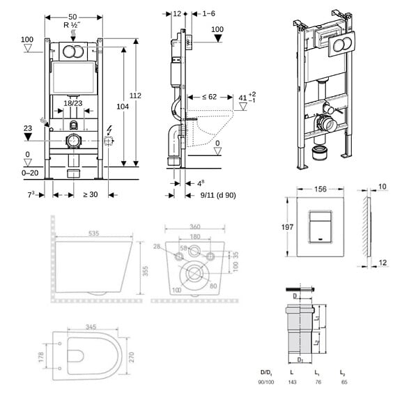 GEBERIT - Duofix Pack WC bâti-support + WC suspendu sans bride avec abattant SoftClose Ceramia + plaque blanche (GEBCE14WT05-FR) - large