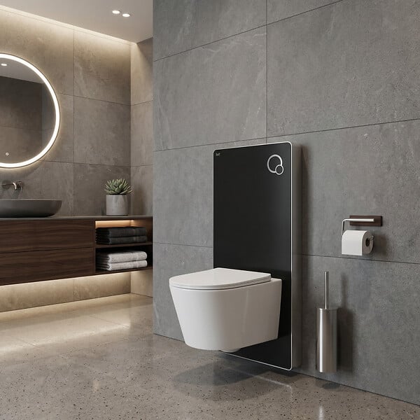 SWISS AQUA TECHNOLOGIES - Glass pack WC bâti-support avec plaque de commande + WC suspendu Ceramia sans bride avec abattant SoftClose (STGLBCE14WT01-FR) - large