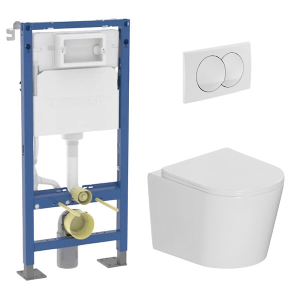 GEBERIT - Duofix Pack WC bâti autoportant + WC suspendu sans bride + abattant SoftClose Ceramia + plaque blanche (GEBCE14WT03MAN-FR) - large