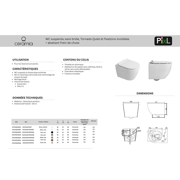GEBERIT - Duofix Pack WC bâti-support + WC suspendu sans bride Ceramia PixL avec abattant SoftClose + plaque (GEBCEPXBMT01-FR) - large