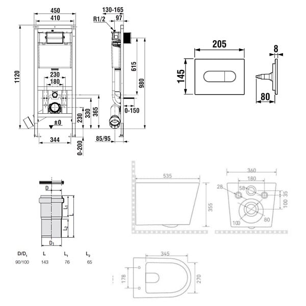 ROCA - Pack WC bâti-support + WC suspendu sans bride Ceramia avec abattant SoftClose + plaque (ROCE14WT03-FR) - large