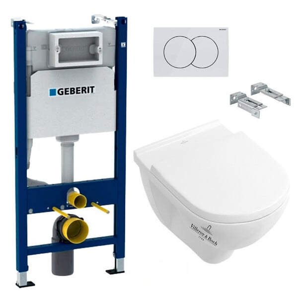 GEBERIT - Geberit + Villeroy & Boch Pack WC Bâti-support Duofix + WC Cuvette à fond creux sans bride O.novo Villeroy & Boch + Abattant softclose + Plaque blanche - large