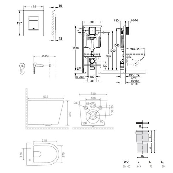 GROHE - Rapid SL Pack WC bâti-support + WC suspendu sans bride avec abattant SoftClose Ceramia + plaque (GRRCE14WT01FR-FS) - large