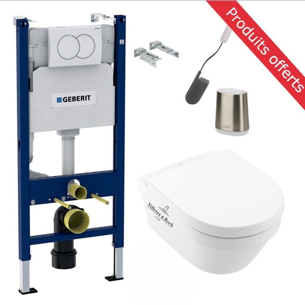 GEBERIT - Geberit + Villeroy & Boch Pack WC Bâti UP100 + WC sans bride Villeroy & Boch Architectura + Plaque blanche + Brosse de toilette OFFERTE - large
