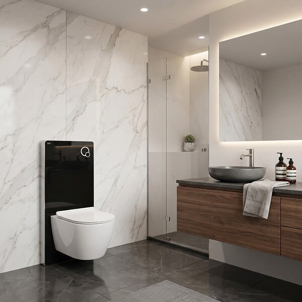 SWISS AQUA TECHNOLOGIES - Glass pack WC bâti-support avec plaque de commande + WC suspendu Ceramia sans bride avec abattant SoftClose (STGLBCEPXWT01-FR) - large