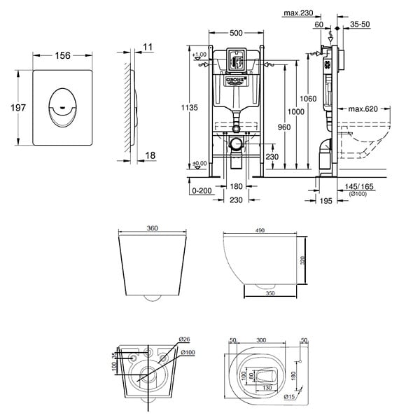 GROHE - Rapid SL Pack WC bâti autoportant + WC suspendu sans bride Ceramia avec abattant SoftClose + plaque blanche (GRRCEPXWR02FR-FS) - large