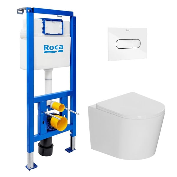 ROCA - Pack WC bâti-support + WC suspendu sans bride Ceramia avec abattant SoftClose + plaque (ROCE14WT01-FR) - large