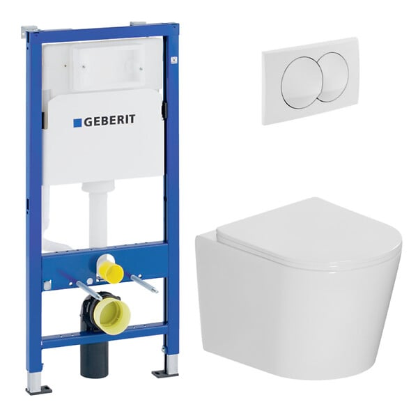 GEBERIT - Duofix UP100 Pack WC bâti + WC suspendu sans bride avec abattant SoftClose Ceramia + plaque blanche (GEBCE14WT02MAN-FR) - large