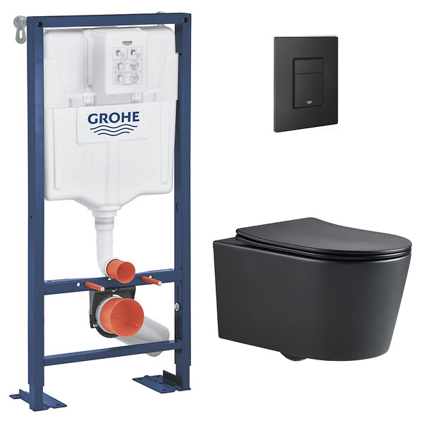 GROHE - Pack WC Bâti Solido + WC sans bride SAT Noir mat + Abattant frein de chute + Plaque noir mat - large
