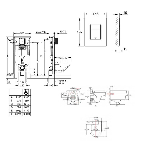 GROHE - Pack WC Bâti Solido + WC sans bride SAT Noir mat + Abattant frein de chute + Plaque noir mat - large