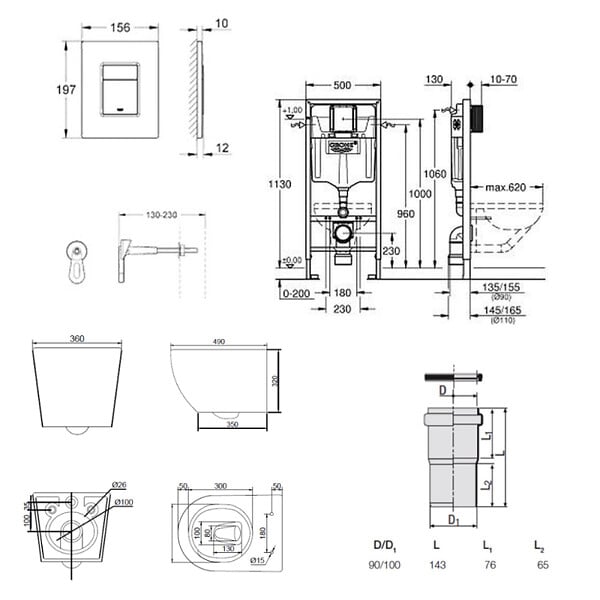 GROHE - Rapid SL pack WC bâti-support + WC suspendu sans bride Ceramia PixL avec abattant SoftClose + plaque (GRRCEPXBMT01FR-FS) - large