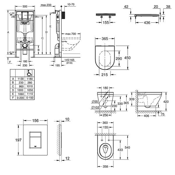 GROHE - Solido pack WC bâti-support autoportant + WC sans bride Grohe avec abattant SoftClose + plaque (GRGRWR05-FR) - large