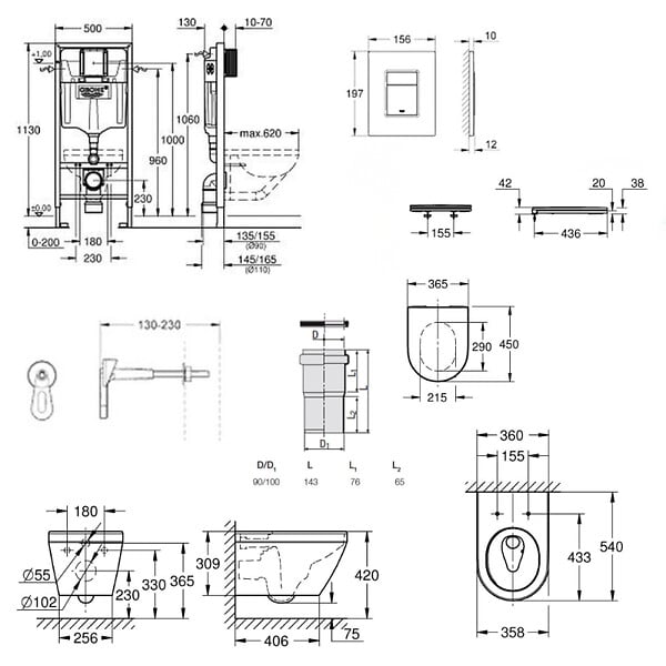 GROHE - Rapid SL pack WC bâti-support + WC suspendu sans bride Grohe avec abattant SoftClose + plaque (GRGRWR03-FR) - large