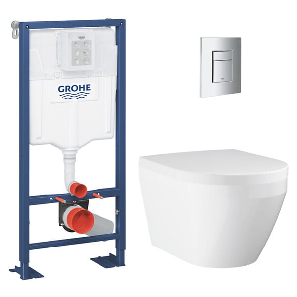 GROHE - Grohe Solido pack WC bâti-support autoportant + WC sans bride Grohe avec abattant SoftClose + plaque (GRGRWR06-FR) - large