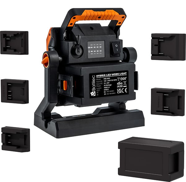 BATILEC - BATILEC Projecteur hybride chantier 4000lm batterie + câble 3m avec 5 adaptateurs - large