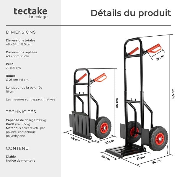 TECTAKE - Diable pliable 200 kg noir - large