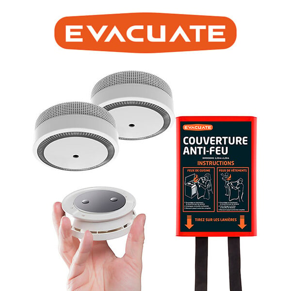 EVACUATE - EVACUATE Pack 2 détecteurs de fumée + 2 supports aimantés + 1 couverture anti-feu - large