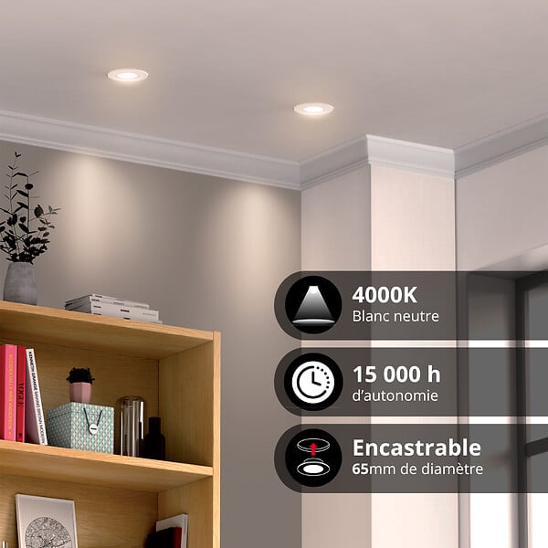 XANLITE - Lot de 5 spots LED encastrables blancs avec ampoules GU10 incluses, équivalent 50W, 345 lm, blanc neutre, 4000K, angle 36°, têtes orientables, classe énergétique A+, durée de vie 25000 h - large