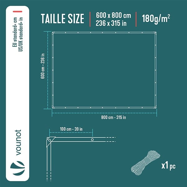 VOUNOT - Bâche de Protection en Polyéthylène resistant et impermeable 180g/m² gris et noir 6x8m - large