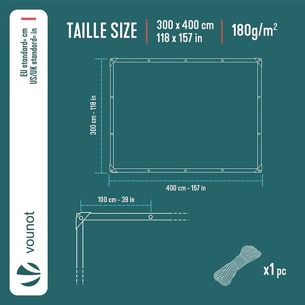 VOUNOT - Bâche de Protection en Polyéthylène resistant et impermeable 180g/m² gris et noir 3x4m - large