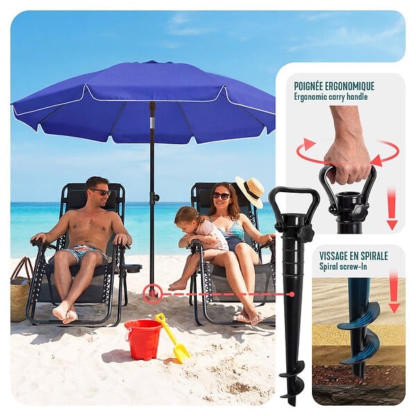 VOUNOT - Parasol de jardin 2m avec ancrage sol et sac de transport Bleu - large