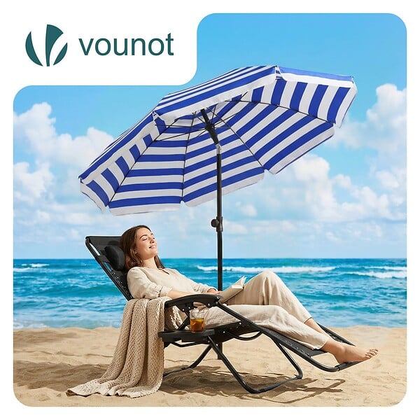VOUNOT - Parasol de jardin 2m avec ancrage sol et sac de transport Bleu blanc - large