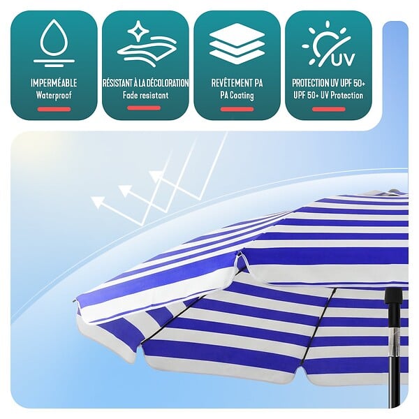 VOUNOT - Parasol de jardin 2m avec ancrage sol et sac de transport Bleu blanc - large