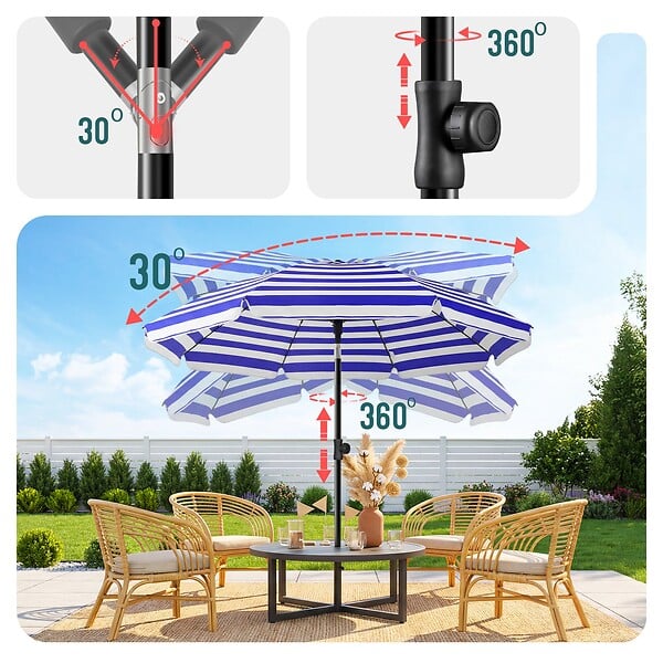 VOUNOT - Parasol de jardin 2m avec ancrage sol et sac de transport Bleu blanc - large