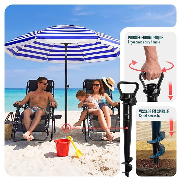 VOUNOT - Parasol de jardin 2m avec ancrage sol et sac de transport Bleu blanc - large
