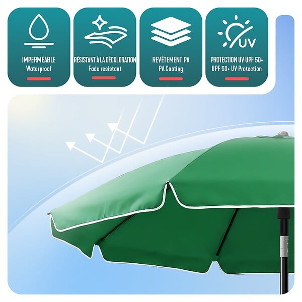VOUNOT - Parasol de jardin 2m avec ancrage sol et sac de transport Vert - large