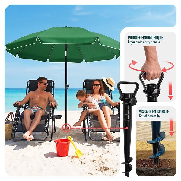 VOUNOT - Parasol de jardin 2m avec ancrage sol et sac de transport Vert - large