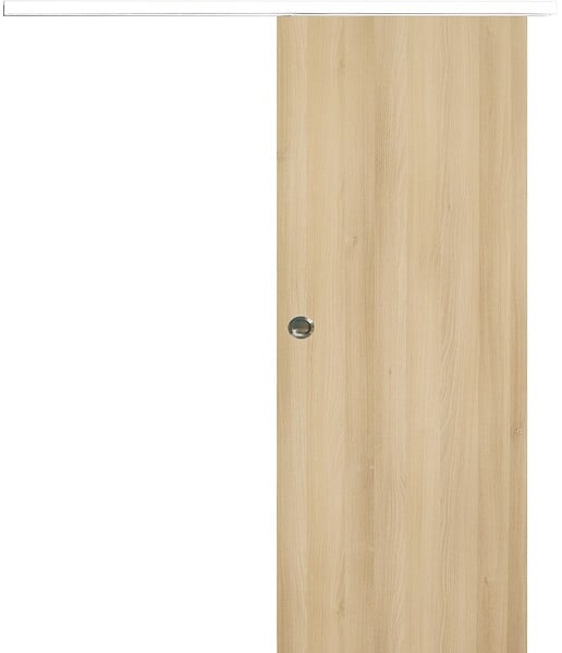 GD MENUISERIES - Porte Coulissante Décor Chêne Naturel Honey Oak  H204 x L93 cm, Rail alu Bandeau Blanc, Coquilles - large