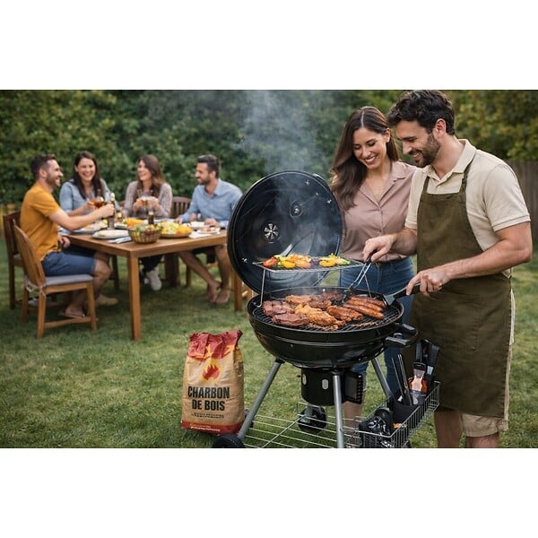 INTEC - Barbecue à Charbon de Bois Ø54cm Double Grille Cuisson & Couvercle Thermostat Bac à cendres, Barbecue sur roues avec rangement - large