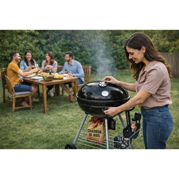 INTEC - Barbecue à Charbon de Bois Ø54cm Double Grille Cuisson & Couvercle Thermostat Bac à cendres, Barbecue sur roues avec rangement - large