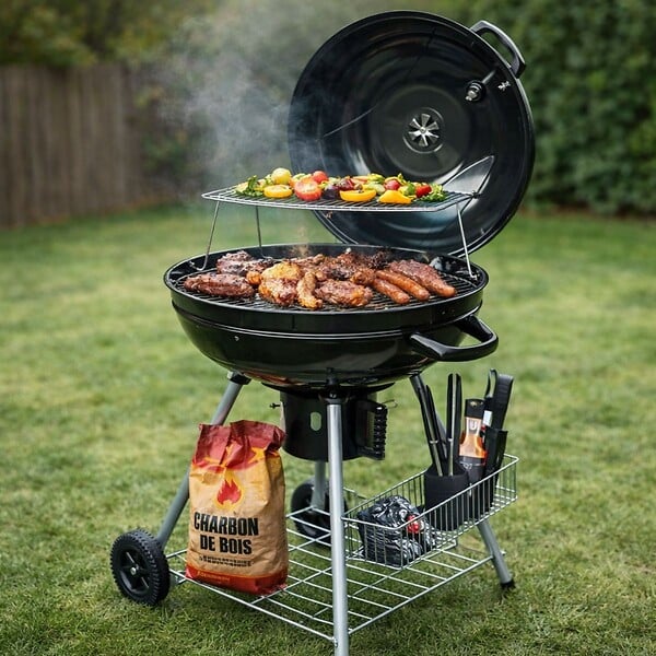 INTEC - Barbecue à Charbon de Bois Ø54cm Double Grille Cuisson & Couvercle Thermostat Bac à cendres, Barbecue sur roues avec rangement - large